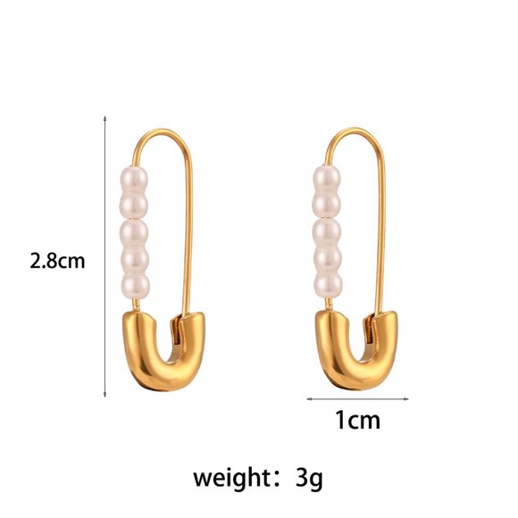 Safety Pin Imitation Pearl Hoop Earrings Paper Clip 18K Gold - Picture 9 of 9